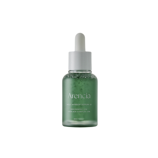 ARENCIA Holy Hyssop Serum 12 is a brightening and anti-aging serum designed to target uneven skin tone and reduce dark spots. Infused with Niacinamide, Arbutin, and Kojic Acid, it helps lighten hyperpigmentation and enhance radiance. The formula contains Hyssop Extract, Sodium Hyaluronate, and powerful peptides like Copper Tripeptide-1 and Acetyl Hexapeptide-8 to boost skin elasticity and smooth fine lines. Enriched with Ceramide NP, it strengthens the skin barrier and locks in moisture, while antioxidants