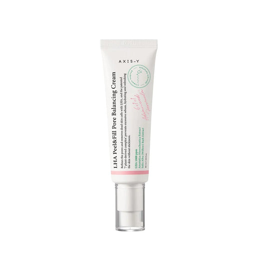 AXIS-Y LHA Peel & Fill Pore Balancing Cream is a lightweight cream designed to gently exfoliate and refine pores while providing balanced hydration. Formulated with Capryloyl Salicylic Acid (LHA), it effectively clears away dead skin cells and excess oil, helping to reduce the appearance of enlarged pores. Enriched with natural extracts like Centella Asiatica, Green Tea, and Baobab Fruit, this cream soothes and nourishes the skin, promoting a smooth, even complexion. Ideal for those looking to maintain