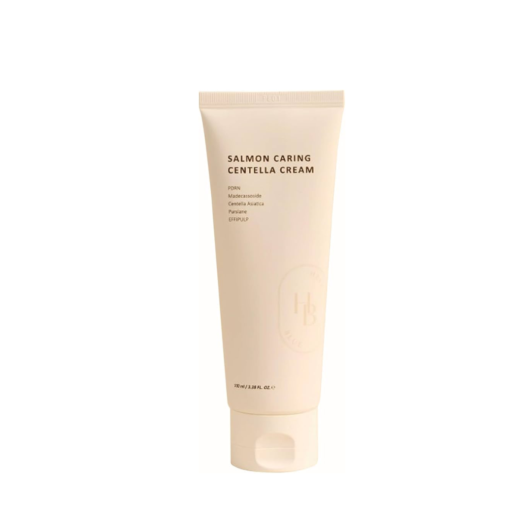HEVEBLUE Salmon Caring Centella Cream is a soothing and nourishing moisturizer that strengthens and hydrates sensitive skin. Infused with Centella Asiatica Leaf Water, Salmon Egg Extract, and Hyaluronic Acid, it calms irritation, supports skin recovery, and locks in moisture. Enriched with Avocado Extract, Panthenol, and Madecassoside, this rich yet lightweight cream leaves the skin soft, smooth, and resilient.