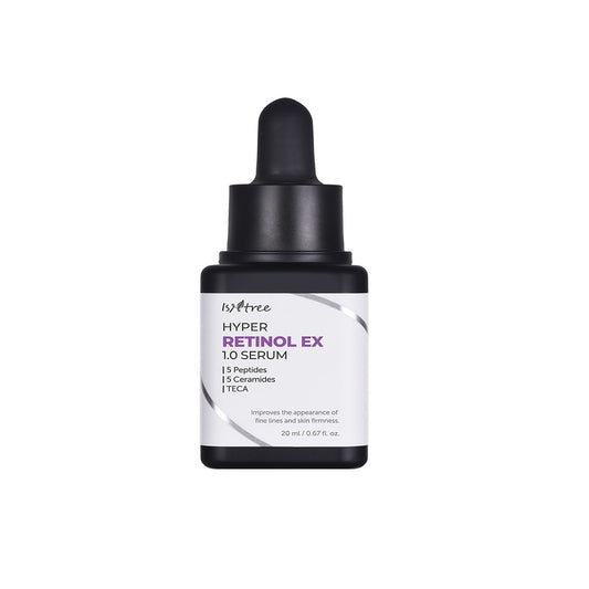 ISNTREE Hyper Retinol EX 1.0 Serum is a powerhouse anti-aging formula that combines 0.1% Retinol, 0.3% Retinyl Palmitate, and 0.6% Bakuchiol for effective skin renewal. Infused with Ceramides, Niacinamide, and Cholesterol, it helps strengthen the skin barrier while enhancing elasticity and reducing the appearance of fine lines. Enriched with soothing ingredients like Panthenol and Allantoin, this serum gently revitalizes the skin, promoting a smoother, firmer, and more radiant complexion. Perfect for those