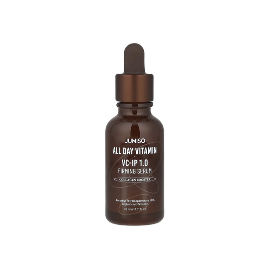 JUMISO All Day Vitamin VC-IP 1.0 Firming Serum delivers a radiant, youthful glow with a powerful blend of Ascorbyl Tetraisopalmitate (Vitamin C derivative), Tocopherol (Vitamin E), and Bakuchiol. This lightweight serum brightens skin tone, improves firmness, and reduces signs of aging while Niacinamide enhances clarity and balances oil production. Enriched with Centella Asiatica Oil and Sodium Hyaluronate, it soothes and hydrates, leaving your skin plump and revitalized. Perfect for daily use to achieve smo