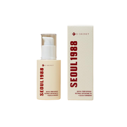 KSECRET SEOUL 1988 Serum: Retinal Liposome 2% + Black Ginseng is a powerful anti-aging treatment designed to smooth, firm, and revitalize the skin. Formulated with Retinal 2% in liposome form, it promotes cell renewal and reduces the appearance of fine lines and wrinkles with less irritation. Black Ginseng Extract deeply nourishes and helps improve elasticity, while Niacinamide and Vitamin C derivative brighten and even out skin tone. Enriched with Peptides, Bakuchiol, and Adenosine, this serum supports col