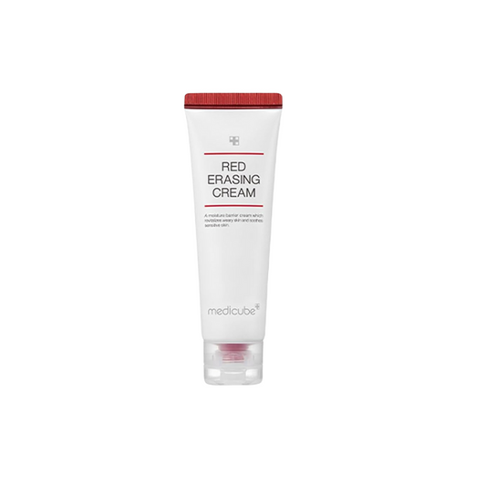 MEDICUBE Red Erasing Cream is a soothing and brightening cream designed to calm redness and improve skin tone. Formulated with Niacinamide, Zinc Oxide, and Panthenol, it helps strengthen the skin barrier while reducing visible irritation. Enriched with Jojoba Seed Oil, Squalane, and botanical extracts like Portulaca and Lotus Leaf, it deeply nourishes and hydrates the skin. Suitable for all skin types, especially sensitive and redness-prone skin, this cream leaves the complexion calm, smooth, and even-toned