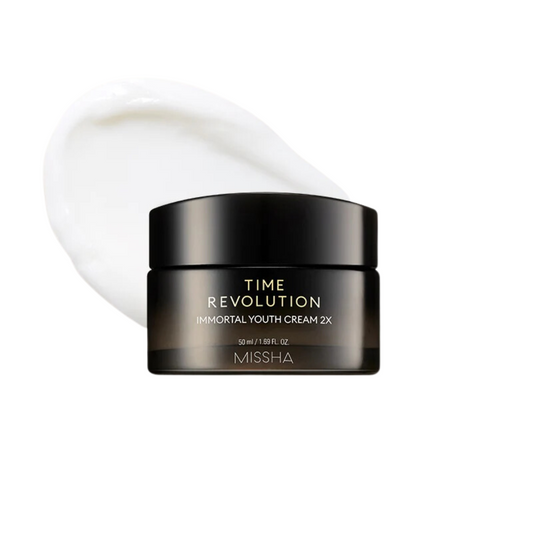 MISSHA Time Revolution Immortal Youth Cream 2X is a luxurious anti-aging cream formulated with Betula Platyphylla Japonica Juice, Niacinamide, and a blend of powerful mushroom extracts like Ganoderma and Inonotus Obliquus. This rich cream deeply hydrates the skin while helping to reduce the appearance of fine lines and wrinkles, improve elasticity, and brighten the complexion. Infused with Shea Butter, Squalane, and Ceramide NP, it strengthens the skin barrier and locks in moisture for long-lasting hydrati