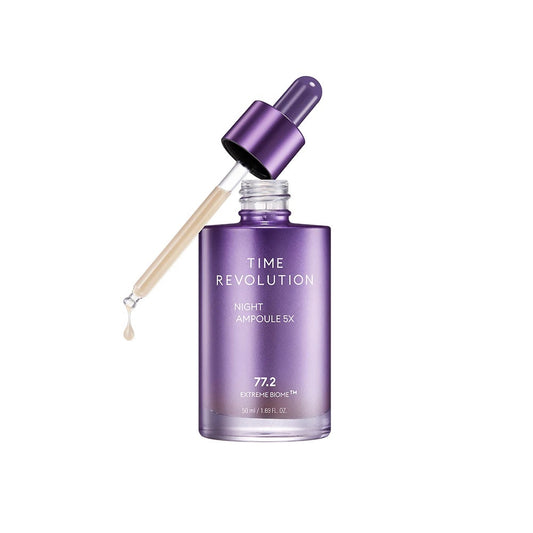 MISSHA Time Revolution Night Repair Ampoule 5X is a powerful nighttime serum designed to improve skin texture, firmness, and radiance while you sleep. Formulated with Bifida Ferment Lysate, Niacinamide, and Squalane, it helps strengthen the skin barrier, brighten dullness, and deeply hydrate. Antioxidant-rich extracts like Blueberry, Carrot, and Cabbage support skin recovery, while Ceramide and Panthenol soothe and nourish. With consistent use, this ampoule promotes smoother, healthier, and more youthful-lo
