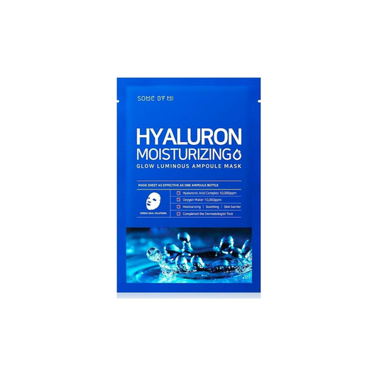 SOME BY MI Hyaluron Moisturizing Glow Luminous Ampoule Mask is a deeply hydrating sheet mask designed to provide intense moisture and a radiant glow. Formulated with Sodium Hyaluronate (300ppm) and Hydrolyzed Hyaluronic Acid, it delivers deep hydration to the skin, leaving it plump and luminous. Enriched with soothing ingredients like Aloe Vera and Allantoin, it helps calm and nourish the skin, while botanical extracts such as Dioscorea Japonica Root and Boswellia Serrata Resin provide antioxidant benefits.