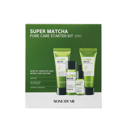 SOME BY MI Super Matcha Pore Care Starter Kit is a 4-step set designed to deeply cleanse, tighten, and refine pores. Infused with highly concentrated Matcha Water, it removes excess oil, clears impurities, balances hydration, and soothes the skin. This kit includes a cleanser, toner, serum, and cream — the perfect routine for achieving smooth, refreshed, and poreless-looking skin.