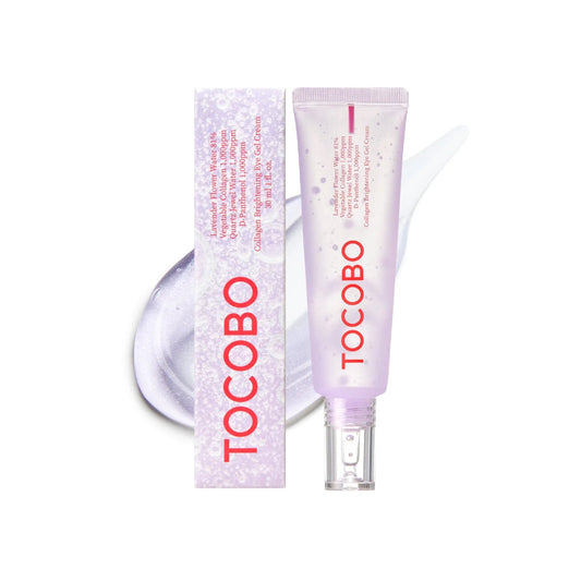 TOCOBO Collagen Brightening Eye Gel Cream is a lightweight, refreshing eye cream designed to hydrate and brighten the delicate skin around the eyes. Infused with 45ppm of Collagen, Niacinamide, and Hyaluronic Acid, it helps reduce the appearance of fine lines and dark circles while improving skin elasticity. Lavender Flower Water and natural extracts like Eggplant and Turmeric work to soothe and nourish, leaving the eye area smooth, radiant, and revitalized. Ideal for all skin types, this gel cream absorbs