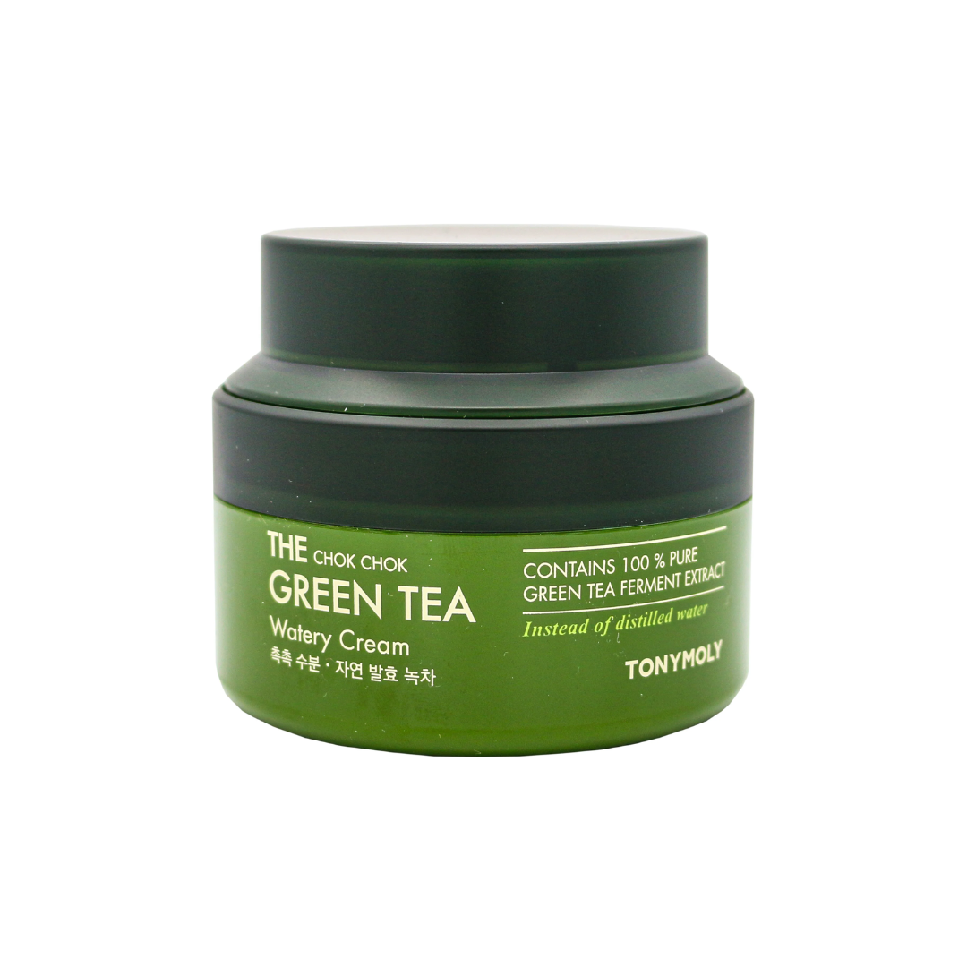 TONYMOLY The Chok Chok Green Tea Watery Moisture Cream is a refreshing gel-cream that delivers lasting hydration without heaviness. Enriched with Green Tea Extract (6,500 ppm), it provides antioxidant care while soothing and balancing the skin. Formulated with Allantoin and Vitamin C Derivative, this lightweight moisturizer helps calm irritation, brighten the complexion, and leave skin soft, smooth, and radiant.