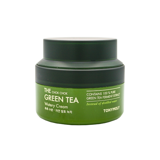 TONYMOLY The Chok Chok Green Tea Watery Moisture Cream is a refreshing gel-cream that delivers lasting hydration without heaviness. Enriched with Green Tea Extract (6,500 ppm), it provides antioxidant care while soothing and balancing the skin. Formulated with Allantoin and Vitamin C Derivative, this lightweight moisturizer helps calm irritation, brighten the complexion, and leave skin soft, smooth, and radiant.