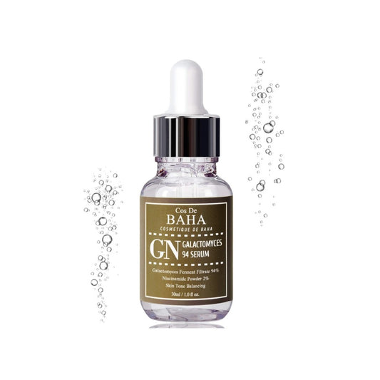COS DE BAHA (GN) 94% Galactomyces Serum is a nourishing serum designed for all skin types, particularly effective for those looking to enhance their skin’s radiance and texture. This serum features 94% Galactomyces Ferment Filtrate, a powerhouse ingredient known for its ability to brighten skin, reduce the appearance of pores, and improve skin elasticity. Combined with 2% Niacinamide for skin tone evening and Sodium Hyaluronate for deep hydration, this serum promotes a healthier, more luminous complexion.