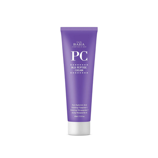 COS DE BAHA (PC) M.A Peptide Cream is an anti-aging moisturizer suitable for all skin types, particularly beneficial for mature skin. It features potent peptides like Acetyl Hexapeptide-8 and Matrixyl 3000, which significantly boost collagen production, promoting firmer and more youthful-looking skin. Niacinamide and Vitamin E help smooth wrinkles and improve skin tone. Ingredients like Aloe Barbadensis Leaf Extract and Sodium Hyaluronate ensure deep hydration, while Argania Spinosa Kernel Oil provides anti