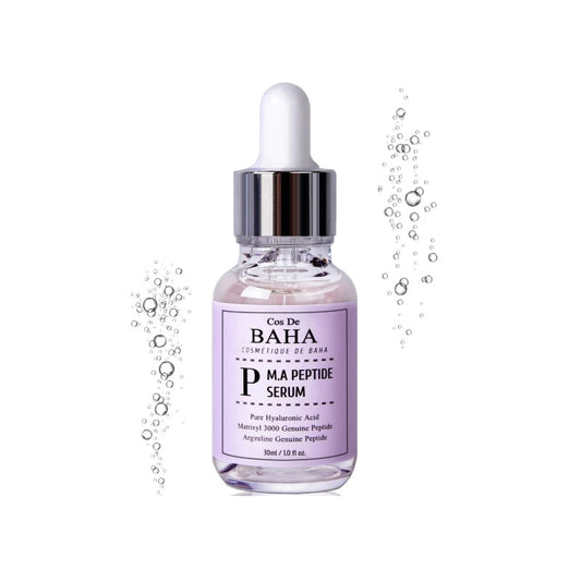 COS DE BAHA (P) M.A Peptide Serum is an anti-aging serum suitable for all skin types, especially those targeting fine lines and loss of elasticity. Formulated with Matrixyl 3000 (Palmitoyl Tripeptide-1 & Palmitoyl Tetrapeptide-7) and Argireline (Acetyl Hexapeptide-8), it helps reduce the appearance of wrinkles and improves skin firmness. Niacinamide brightens the skin, while Sodium Hyaluronate and Aloe Vera deeply hydrate and soothe. Enriched with botanical extracts like Rosa Damascena and Green Tea, th