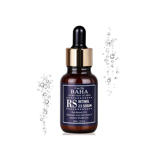 COS DE BAHA (RS) Retinol 2.5% Serum with Vitamin E is an anti-aging serum suitable for most skin types, especially those targeting fine lines and uneven texture. Featuring 2.5% Retinol, it promotes cell turnover, reduces the appearance of wrinkles, and improves skin elasticity. Vitamin E provides antioxidant protection, while Niacinamide brightens and refines skin tone. Enriched with Aloe Vera, Sodium Hyaluronate, and Shea Butter, this serum ensures deep hydration and soothes irritation. With regular use, s