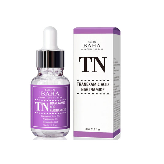 COS DE BAHA (TN) Tranexamic Acid 5% + Niacinamide 5% Serum is a powerful brightening and skin-tone correcting serum designed to reduce hyperpigmentation and improve overall skin clarity. Formulated with 5% Tranexamic Acid and 5% Niacinamide, it helps fade dark spots, even out the complexion, and reduce redness. Enriched with Aloe Vera, Sodium Hyaluronate, and Allantoin, this serum also provides hydration and soothes irritated skin. Botanical extracts like Green Tea and Edelweiss further enhance the skin's r