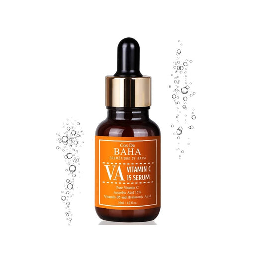 COS DE BAHA (VA) Vitamin C Serum contains 15% Ascorbic Acid (Vitamin C) to effectively brighten and rejuvenate the skin. This potent serum helps reduce the appearance of dark spots and improve skin tone. Enriched with Aloe Barbadensis Leaf Extract and Sodium Hyaluronate, it provides hydration and soothing benefits, while Witch Hazel and a blend of natural extracts like Rosemary, Eucalyptus, and Thyme nourish and protect the skin. Ideal for achieving a radiant, even complexion.
