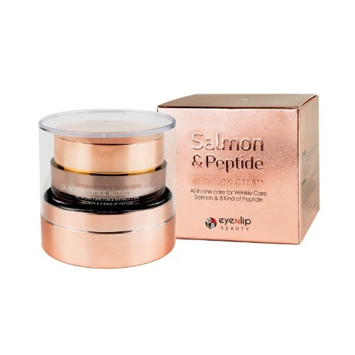 EYENLIP Salmon & Peptide Nutrition Cream is a rich, nourishing moisturizer formulated to improve skin elasticity and hydration. Infused with Salmon Egg Extract, Niacinamide, and a blend of Peptides, it helps firm the skin while supporting a smoother, more youthful appearance. With added Ceramide NP and Hyaluronic Acid, this cream strengthens the skin barrier and locks in moisture, leaving the skin soft, radiant, and well cared for. Suitable for dry and mature skin types.