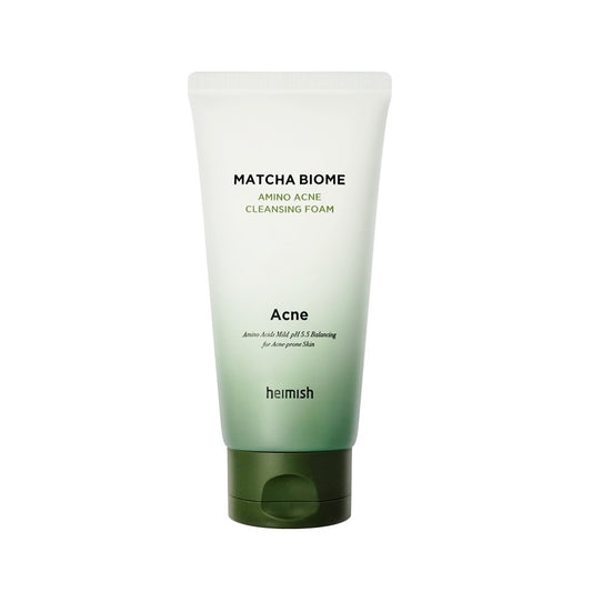 HEIMISH Matcha Biome Amino Acne Cleansing Foam is a gentle yet effective cleanser designed for acne-prone and sensitive skin. Infused with Matcha Extract and Salicylic Acid, it helps control excess oil, unclog pores, and prevent breakouts while soothing irritation. Enriched with Centella Asiatica Extract, Lactobacillus Ferment, and botanical ingredients like Green Tea Leaf Extract and Licorice Root Extract, it calms and nourishes the skin barrier. This amino acid-rich foam cleanser lathers into a soft, crea