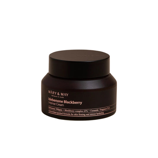 MARY & MAY Idebenone + Blackberry Complex Intensive Cream is a deeply nourishing formula designed to target signs of aging and restore skin vitality. Enriched with 63% Blackberry Extract and powerful antioxidants like Idebenone, Blueberry, and Acai Extracts, it helps to combat free radicals and improve skin elasticity. Niacinamide brightens and evens skin tone, while Panthenol and Hydrogenated Lecithin provide intense hydration to smooth and plump the skin. Perfect for daily use, this cream leaves your