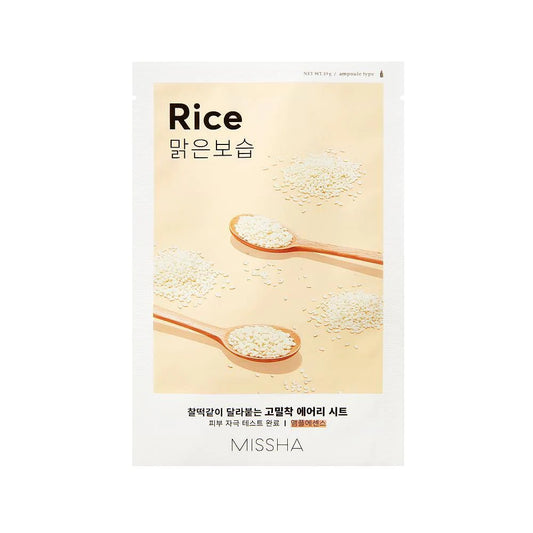MISSHA Airy Fit Sheet Mask Rice is a lightweight, nourishing mask designed to brighten and hydrate your skin. Infused with Rice Extract, it helps to clear and even out the skin tone, giving it a radiant glow. This mask also contains a blend of moisturizing ingredients like Glycerin and Sodium Hyaluronate to deeply hydrate and plump the skin, while extracts from Licorice and Green Tea calm and soothe. Perfect for all skin types, this mask leaves your skin soft, refreshed, and luminous.