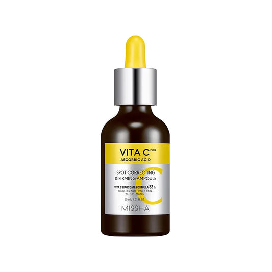 MISSHA Vita C Plus Spot Correcting & Firming Ampoule is a brightening and anti-aging serum that targets dark spots, uneven tone, and loss of firmness. Formulated with Vitamin C, Tranexamic Acid, Niacinamide, and Peptides, it helps fade discoloration, improve elasticity, and revitalize tired skin. Enriched with Licorice Root Extract, Hyaluronic Acid, and Collagen, it also hydrates and soothes for a smoother, more radiant complexion.