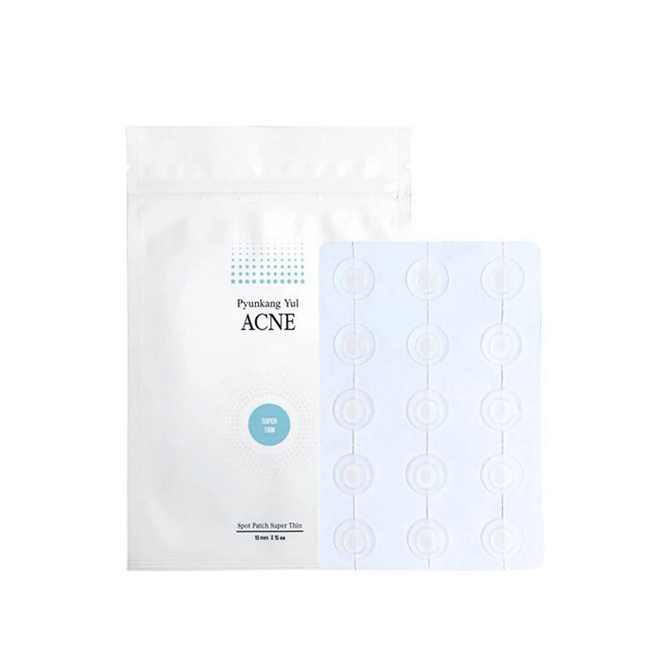 PYUNKANG YUL Acne Spot Patch Super Thin provides a discreet and effective solution for acne care. Made with Polyurethane and Polyisobutene, these ultra-thin patches adhere seamlessly to the skin, protecting blemishes from external irritants while absorbing impurities. Ideal for day or night use, they help reduce redness and promote faster healing, leaving your skin clearer and healthier.
