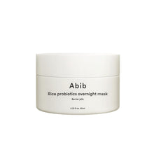Load image into Gallery viewer, ABIB Rice Probiotics Overnight Mask Barrier Jelly is an overnight treatment that hydrates and strengthens the skin&#39;s moisture barrier. Infused with Rice Ferment and Probiotics, this mask nourishes and revitalizes the skin, leaving it soft and refreshed by morning. Key ingredients like Glycerin, Sodium Hyaluronate, and Oryza Sativa (Rice) Bran Extract provide deep hydration and soothing benefits, making it ideal for all skin types. Wake up to a smoother, more radiant complexion with this barrier-boosting for