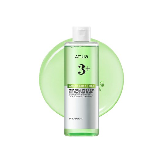 ANUA Azelaic Acid 3 Cica Skin Clarifying Toner is a gentle yet effective toner designed to refine skin texture, calm irritation, and reduce blemishes. Formulated with 3% Azelaic Acid and Cica Complex (Centella Asiatica + Madecassoside), it helps brighten uneven tone, soothe redness, and support a healthy skin barrier. Added Tea Tree, Rosemary, and Totarol help control excess oil and target breakouts, while Hyaluronic Acid and Squalane keep skin hydrated and comfortable. This toner leaves the skin feeling re
