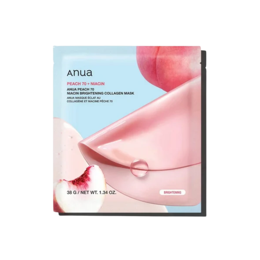 ANUA Peach 70 Niacin Brightening Collagen Mask is a hydrating sheet mask infused with 70% Peach Fruit Water and Niacinamide to visibly brighten and refresh dull skin. Enriched with Soluble Collagen and multiple forms of Hyaluronic Acid, it delivers deep moisture while boosting elasticity. Soothing ingredients like Allantoin and Dipotassium Glycyrrhizate help calm the skin, while Raspberry and Peach Extracts provide antioxidant care. Perfect for a radiant, dewy glow after just one use.