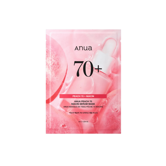 ANUA Peach 70 Niacin Serum Mask features 70% Peach Fruit Extract and Niacinamide to brighten and nourish the skin. It hydrates deeply with Hyaluronic Acid and soothes with Centella Asiatica Extract. The mask also contains Safflower Seed Oil and Chia Seed Oil to enhance skin texture and elasticity, while Ceramide NP strengthens the skin barrier. Ideal for revitalizing and achieving a radiant complexion.
