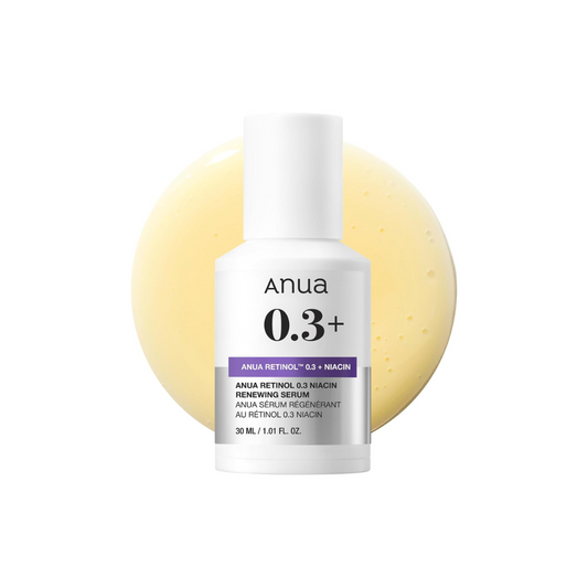 ANUA Retinol 0.3% + Niacin Renewing Serum is a rejuvenating treatment that smooths fine lines, improves skin texture, and boosts radiance. Formulated with 0.3% Retinol and Niacinamide, it helps refine pores, reduce dark spots, and support a more even complexion. Enriched with Ceramides, Squalane, and Hyaluronic Acid, it hydrates and strengthens the skin barrier while minimizing irritation. Infused with Botanical Extracts and Peptides, this serum promotes renewal and leaves skin firmer, brighter, and refresh
