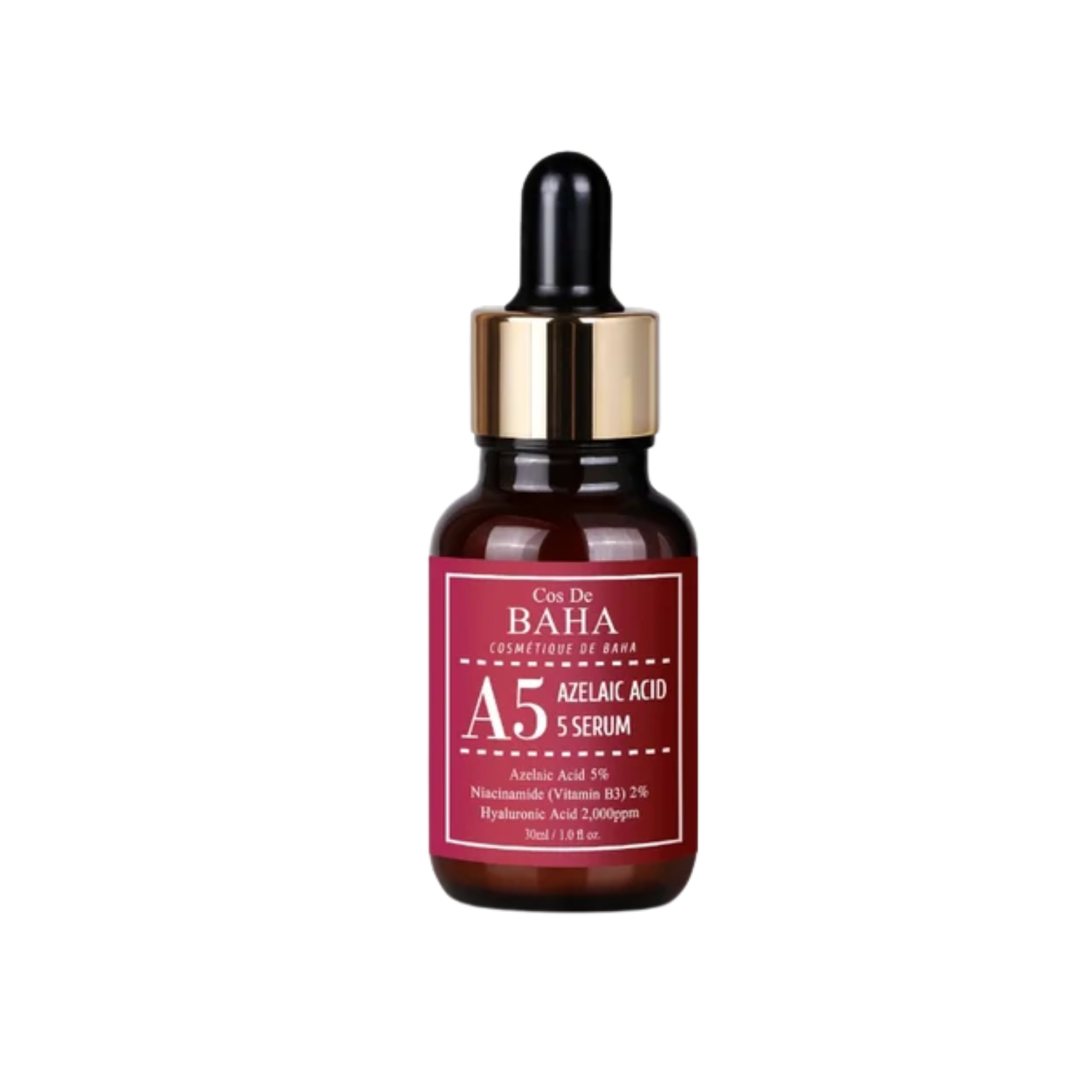 COS DE BAHA (A5) Azelaic Acid 5% Facial Serum is a versatile serum suitable for all skin types, particularly effective for those with sensitive or blemish-prone skin. It contains 5% Azelaic Acid, which helps to reduce redness, clear blemishes, and even out skin tone. Niacinamide enhances skin clarity and texture, while Aloe Barbadensis Leaf Extract and Sodium Hyaluronate offer soothing hydration. Panthenol and extracts of Green Tea and Edelweiss provide additional calming and antioxidant benefits. This seru