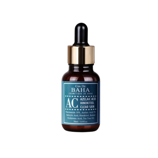 COS DE BAHA (AC) Acne Treatment Serum is specifically formulated for acne-prone and oily skin types. This powerful serum features Niacinamide, Azelaic Acid, and Salicylic Acid, which work together to reduce inflammation, prevent acne formation, and clear clogged pores. Tea Tree Leaf Oil offers natural antibacterial properties, while Retinol helps to accelerate cell turnover and improve skin texture. Sodium Hyaluronate ensures the skin remains hydrated, minimizing the dryness often associated with acne treat