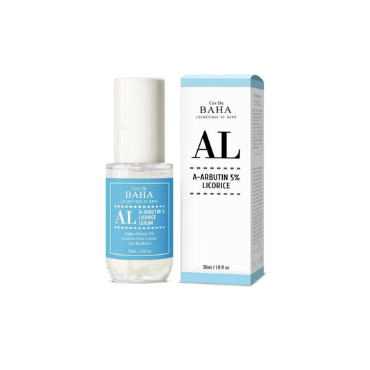 COS DE BAHA (AL) Alpha Arbutin 5% Licorice Serum is a brightening treatment that helps fade dark spots and even out skin tone. Powered by 5% Alpha Arbutin and Licorice Root Extract, it targets pigmentation while promoting a clearer, more radiant complexion. Enriched with Centella Asiatica, Panthenol, and Sodium Hyaluronate, this serum soothes, hydrates, and strengthens the skin barrier without irritation. The lightweight formula absorbs quickly, leaving skin smooth, luminous, and refreshed.