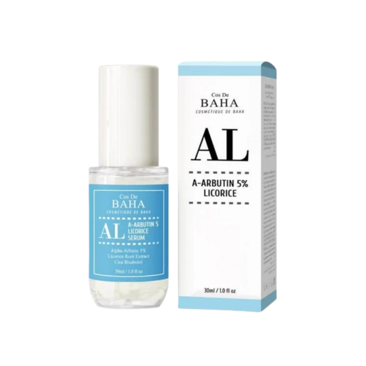 COS DE BAHA (AL) Alpha Arbutin 5% Licorice Serum is a brightening treatment that helps fade dark spots and even out skin tone. Powered by 5% Alpha Arbutin and Licorice Root Extract, it targets pigmentation while promoting a clearer, more radiant complexion. Enriched with Centella Asiatica, Panthenol, and Sodium Hyaluronate, this serum soothes, hydrates, and strengthens the skin barrier without irritation. The lightweight formula absorbs quickly, leaving skin smooth, luminous, and refreshed.