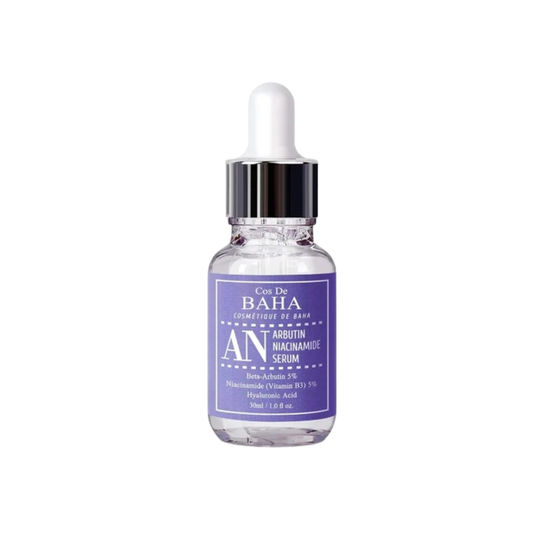COS DE BAHA (AN) Arbutin 5% + Niacinamide 5% Serum is designed for all skin types looking to brighten and even out skin tone. This powerful serum combines 5% Arbutin and 5% Niacinamide, which work together to reduce hyperpigmentation and enhance skin clarity. The addition of Aloe Barbadensis Leaf Extract and Sodium Hyaluronate provides deep hydration, while botanical extracts like Witch Hazel and Rosemary soothe and protect the skin. Ideal for daily use, this serum helps achieve a more radiant and uniform c