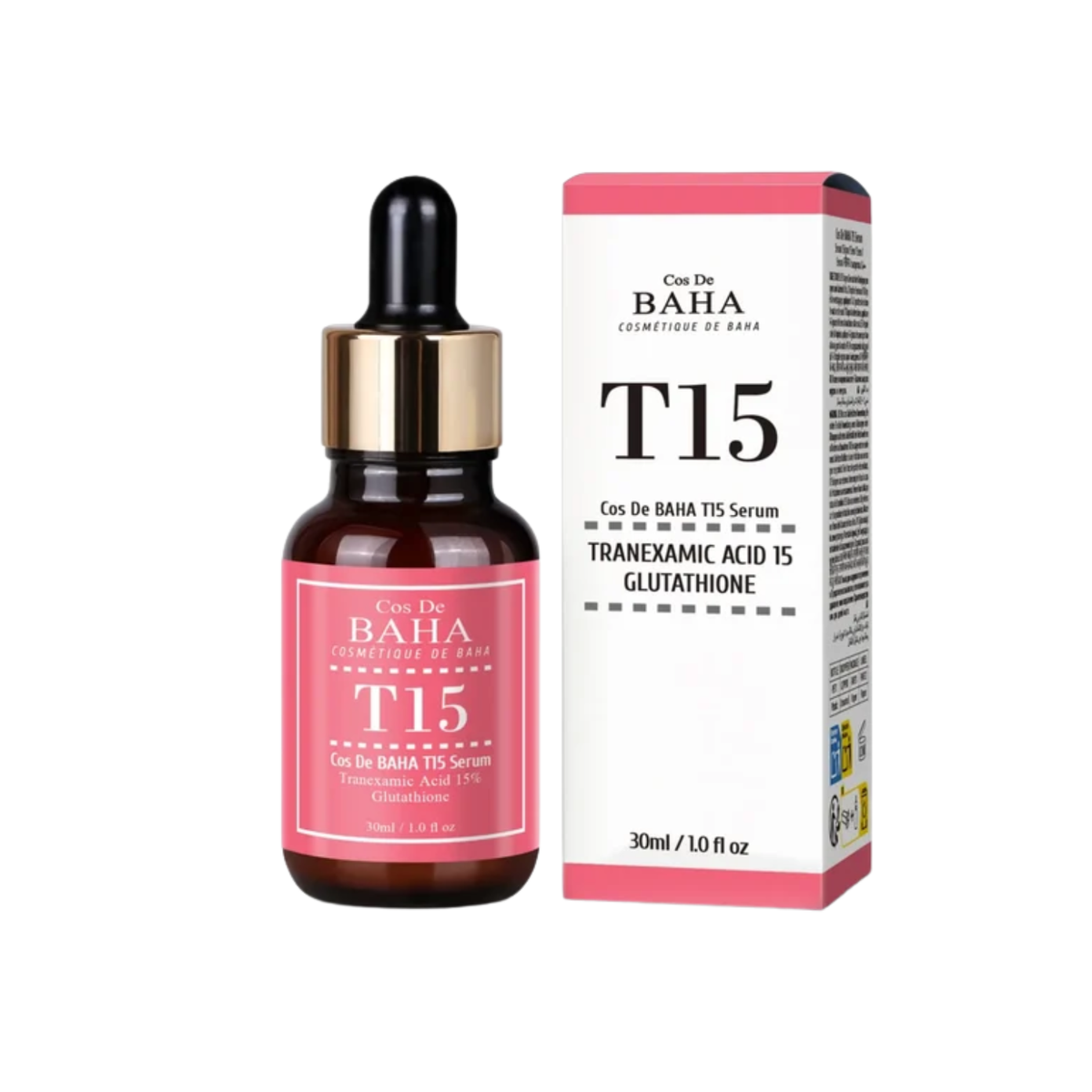 COS DE BAHA (T15) 15% Tranexamic Acid Glutathione Serum is a brightening serum designed to target dark spots, uneven skin tone, and dullness. Formulated with 15% Tranexamic Acid, Glutathione, Panthenol, Allantoin, Sodium Hyaluronate, Hydrolyzed Hyaluronic Acid, Green Tea Extract, and botanical extracts, it helps improve radiance while soothing and hydrating the skin. Best suited for dull, uneven, normal, combination, and pigmentation-prone skin.