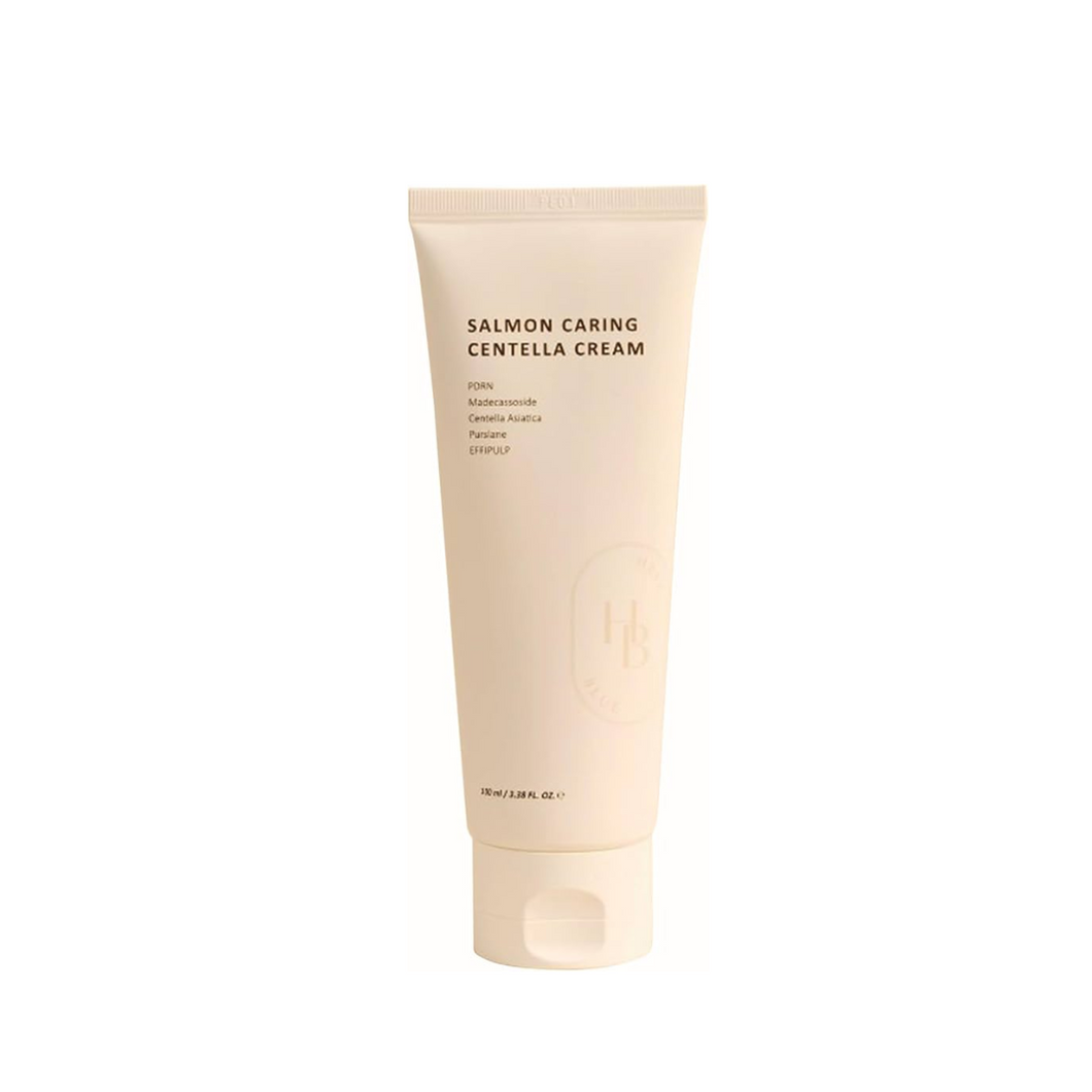 HEVEBLUE Salmon Caring Centella Cream is a soothing and nourishing moisturizer that strengthens and hydrates sensitive skin. Infused with Centella Asiatica Leaf Water, Salmon Egg Extract, and Hyaluronic Acid, it calms irritation, supports skin recovery, and locks in moisture. Enriched with Avocado Extract, Panthenol, and Madecassoside, this rich yet lightweight cream leaves the skin soft, smooth, and resilient.