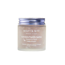 Load image into Gallery viewer, MARY &amp; MAY Calendula Peptide Ageless Sleeping Mask is a nutrient-rich overnight mask designed to rejuvenate and restore the skin while you sleep. Formulated with a blend of soothing Calendula and a potent mix of peptides, this mask promotes skin elasticity and reduces the appearance of fine lines. It features hydrating ingredients like Sodium Hyaluronate and Panthenol, alongside healing extracts from Centella Asiatica, Fig, and Rice Leaf/Stem to nourish and calm the skin. The inclusion of multiple peptides 