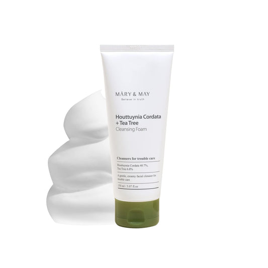 MARY &amp; MAY Houttuynia Cordata + Tea Tree Cleansing Foam is a soothing and purifying cleanser for sensitive and troubled skin. Formulated with 40.7% Houttuynia Cordata Extract and 6.85% Tea Tree Extract, it helps calm irritation and reduce excess oil, while Glycerin and Sodium Hyaluronate provide hydration. The gentle foam effectively cleanses without stripping the skin, leaving it feeling refreshed and balanced. Ideal for acne-prone or oily skin types.