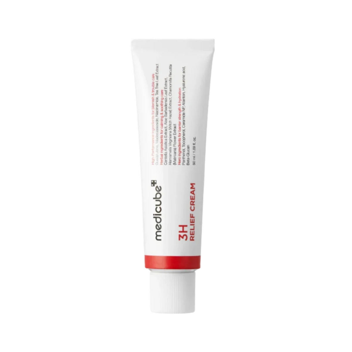 MEDICUBE 3H Relief Cream is a soothing moisturizer designed to calm, hydrate, and restore balance to sensitive and acne-prone skin. Formulated with Oat, Panthenol, Centella Asiatica, Madecassoside, and Beta-Glucan, it helps comfort stressed skin and support a healthy skin barrier. Multiple forms of Hyaluronic Acid, Ceramide NP, and Glycerin provide deep, long-lasting hydration, while Niacinamide helps improve uneven tone and overall skin appearance. The formula provides a refreshing cooling effect and is hy