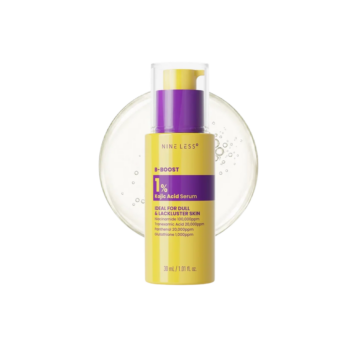 NINELESS B-Boost 1% Kojic Acid Serum is a brightening serum designed to target dark spots, discoloration, and uneven skin tone. Formulated with 1% Kojic Acid, Niacinamide, Tranexamic Acid, and Glutathione, it helps promote a clearer, more even-looking complexion. Panthenol, Sodium Hyaluronate, and Betaine provide soothing hydration, while a blend of Peptides supports smoother, firmer-looking skin. Ideal for normal, combination, oily, dull, and uneven skin.
