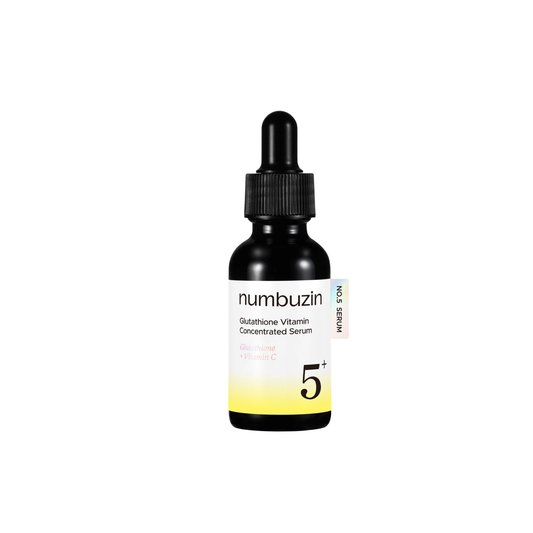 NUMBUZIN No.5+ Glutathione Vitamin Concentrated Serum is a powerful brightening serum designed to target dark spots, post-acne marks, and uneven skin tone. Formulated with Glutathione, Niacinamide, Tranexamic Acid, Alpha-Arbutin, Vitamin C, and Panthenol, it helps fade the appearance of hyperpigmentation, improve radiance, and soothe the skin. Enriched with Ceramide NP, Sodium Hyaluronate, and Beta-Glucan, it also supports the moisture barrier, leaving skin looking smoother, clearer, and more luminous. Suit