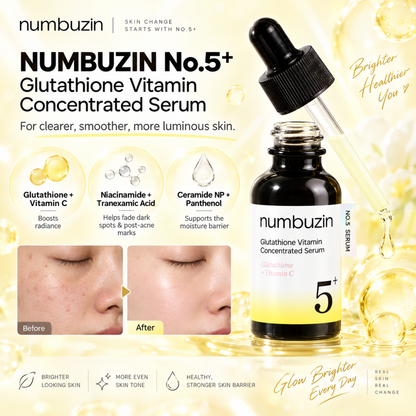 NUMBUZIN No.5+ Glutathione Vitamin Concentrated Serum is a powerful brightening serum designed to target dark spots, post-acne marks, and uneven skin tone. Formulated with Glutathione, Niacinamide, Tranexamic Acid, Alpha-Arbutin, Vitamin C, and Panthenol, it helps fade the appearance of hyperpigmentation, improve radiance, and soothe the skin. Enriched with Ceramide NP, Sodium Hyaluronate, and Beta-Glucan, it also supports the moisture barrier, leaving skin looking smoother, clearer, and more luminous. Suit