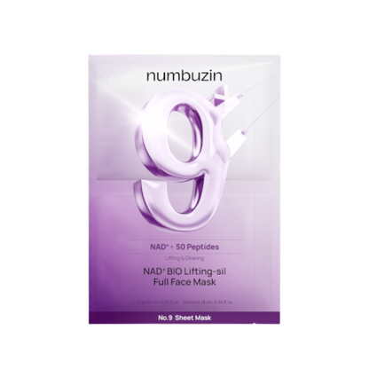 NUMBUZIN No.9 NAD Bio Lifting-sil Full Face Mask is a two-piece lifting mask designed to improve the appearance of sagging skin, wrinkles, and puffiness. The upper mask contains NAD+, Collagen, 50 Peptides, Niacinamide, and Adenosine to boost radiance, hydrate, and improve skin elasticity. The lower mask features PLA threads and high-elastic fabric that gently lift and support the jawline for a firmer, more defined appearance. Leaves skin looking smoother, plumper, and refreshed. Suitable for mature, normal