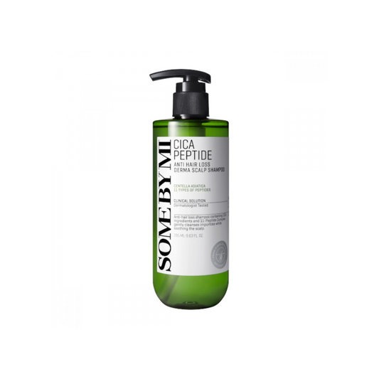 SOME BY MI Cica Peptide Anti Hair Loss Derma Scalp Shampoo is formulated to cleanse impurities and dead skin cells while revitalizing thinning hair. Enriched with an 11-Peptide Complex, it strengthens and nourishes the hair from the roots, promoting healthier, fuller growth. The soothing CICA ingredients, including Centella Asiatica Extract and Madecassoside, calm scalp irritation, while proteins and botanical extracts provide hydration and protection. Ideal for sensitive scalps and those dealing with hair 