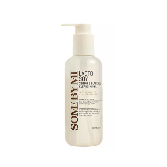 SOME BY MI Lacto Soy Sebum &amp; Blackhead Cleansing Oil is a deep-cleansing oil designed to effectively remove sebum and blackheads while nourishing the skin. Formulated with&nbsp; Lacto Soy (Lactobacillus/Soymilk Ferment Filtrate), Jojoba Seed Oil, and Coconut Oil, it helps dissolve impurities and excess oil, leaving your skin clean, smooth, and radiant. The brand’s patented Anti-Sebum P technology effectively removes excess oil while raising skin moisture levels for a balanced complexion.