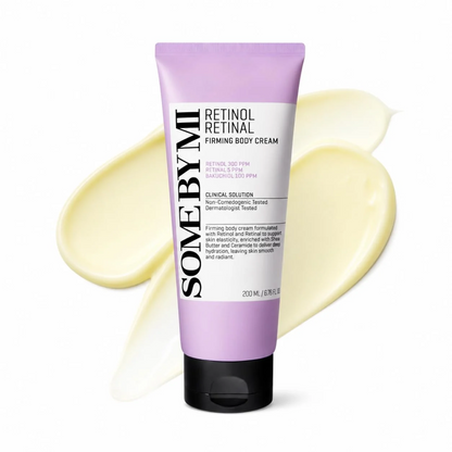 SOME BY MI Retinol Retinal Firming Body Cream is a vegan body moisturizer designed to improve elasticity, smooth uneven texture, and promote firmer-looking skin. Formulated with Retinol, Retinal, and Bakuchiol, it helps reduce the appearance of wrinkles and care for sagging skin, while liposome technology helps enhance the delivery of active ingredients. Shea Butter, Squalane, Ceramide NP, and Hyaluronic Acid provide deep, long-lasting hydration, while Niacinamide and Peptides support smoother, more resilie