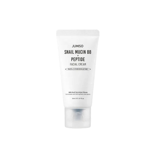 JUMISO Snail Mucin 88 + Multi-Peptide Facial Cream is a nourishing and hydrating moisturizer formulated with 88% Snail Secretion Filtrate to help repair and rejuvenate the skin. Enriched with Niacinamide for brightening and a blend of Multi-Peptides including Copper Tripeptide-1 and Palmitoyl Pentapeptide-4, this cream enhances skin elasticity and smooths fine lines. It also contains Sodium Hyaluronate and Panthenol to lock in moisture, leaving your skin soft, supple, and radiant. Perfect for those seeking 