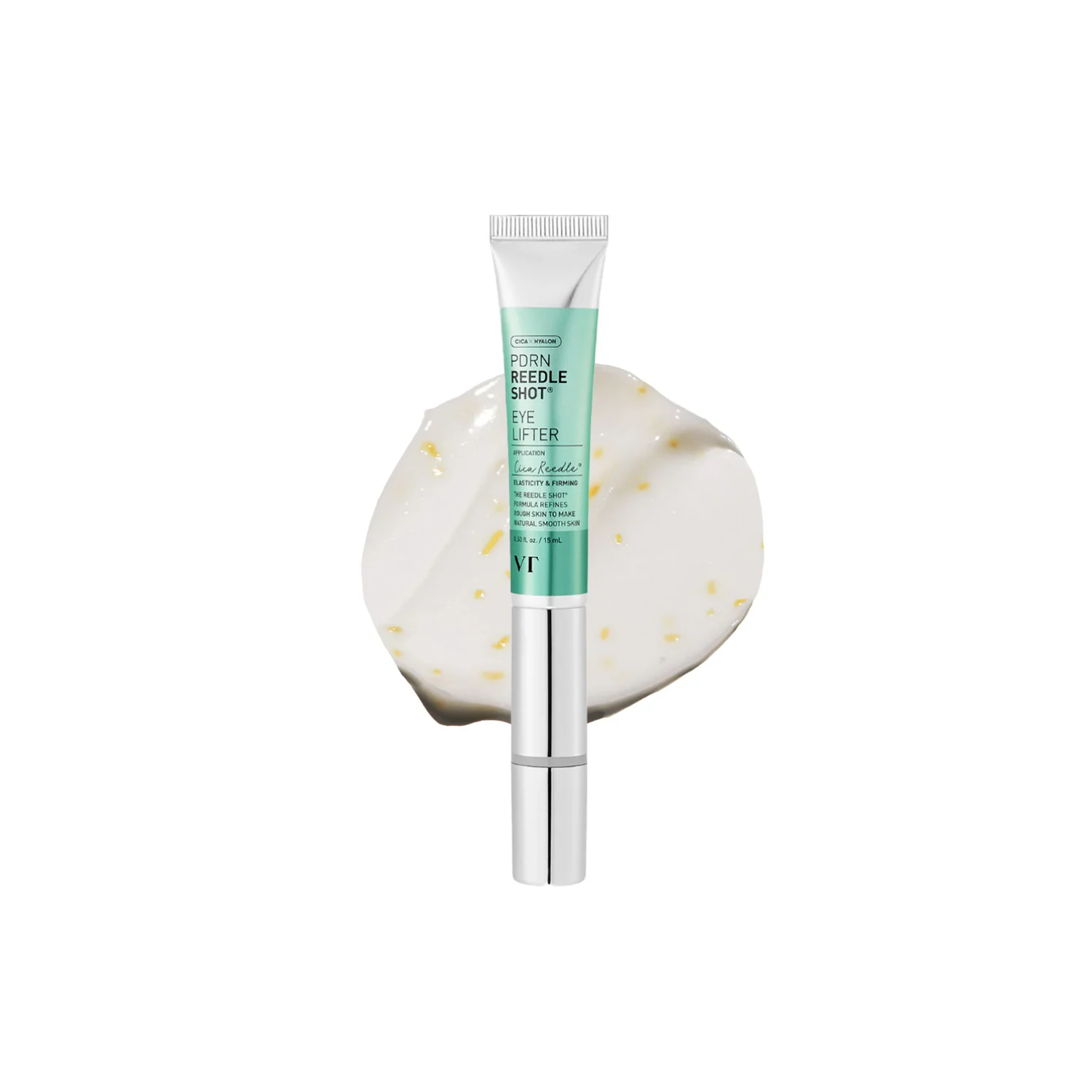 VT PDRN Reedle Shot Eye Lifter is an advanced firming eye treatment paired with a vibrating applicator that delivers 12,000 gentle pulses per minute. This device helps boost absorption, smooth fine lines, and improve elasticity for a more lifted, refreshed look. The formula features CICA Reedle, Phyto PDRN Panax, and Gold Collagen PDRN to firm and revitalize tired eyes. Ceramides, Hyaluronic Acid, and Elastin deeply hydrate, while Tranexamic Acid, Glutathione, and Niacinamide brighten dark circles and even 